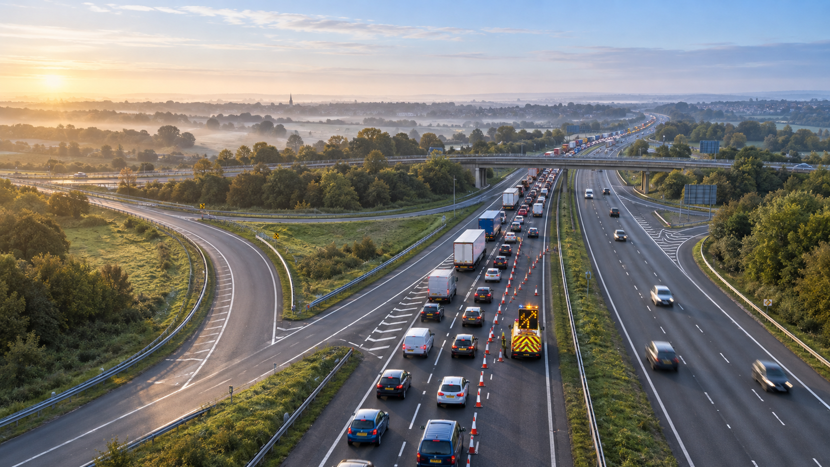 A British motorway with lane restrictions during the morning commute